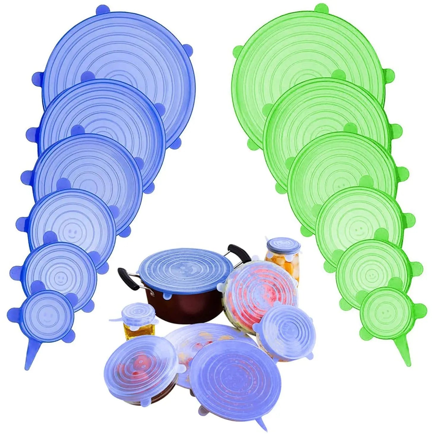 Pack of 12 Sizes, BPA Free, Silicone Reusable Container Lids to Fit All Shape of Containers, Flexible and Durable, Microwave and Dishwasher Safe - Blue, Green pattanaustralia